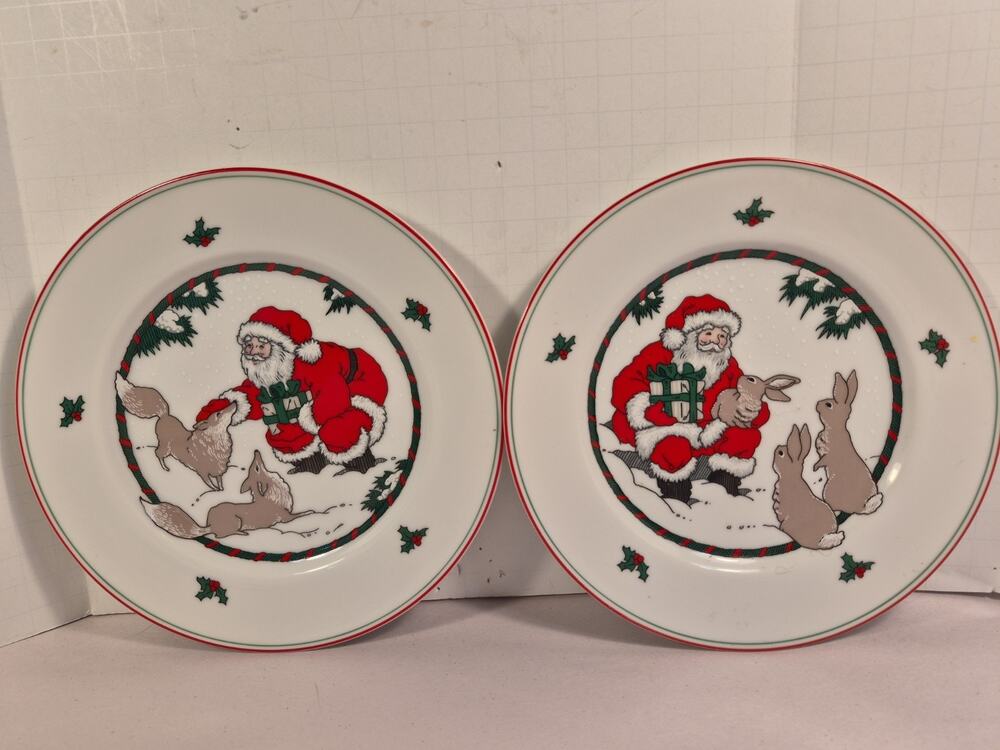 Christmas Pair Fitz & Floyd Santa's Friends Salad Plates 7.5" Fox & Bunny Rabbit